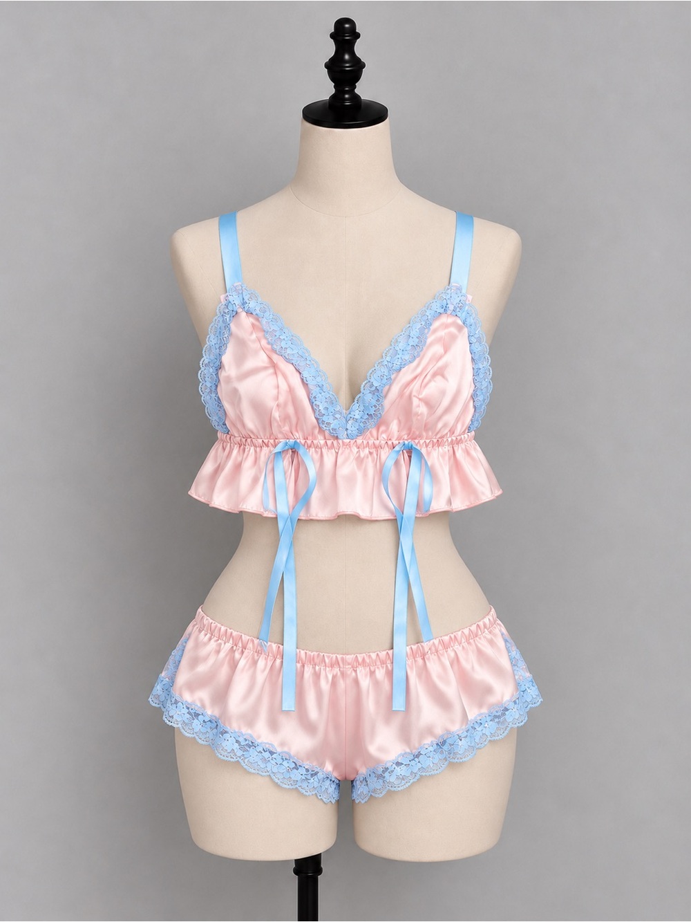Satin Lace Trim Bralette in Pink and Light Blue